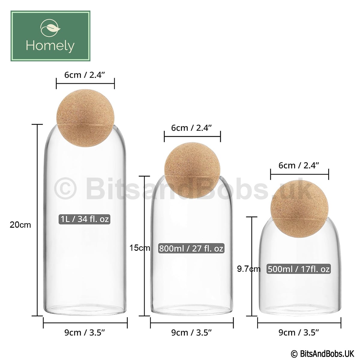 Glass Jar with Cork Ball Lid - Set of 3 | Bits and Bobs UK